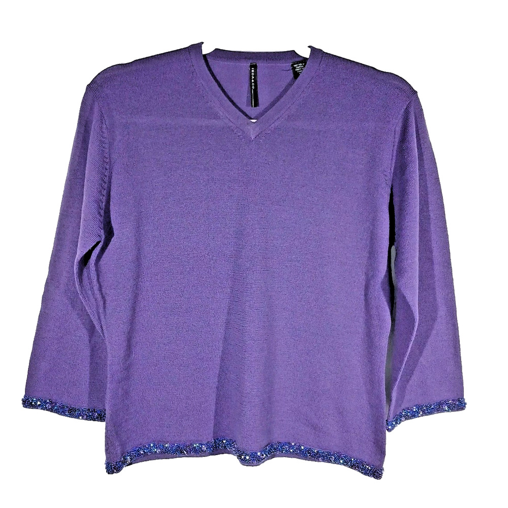 Isda & Co 100% Wool Beaded Sweater V-Neck Womens Slim Fit Large Purple EUC